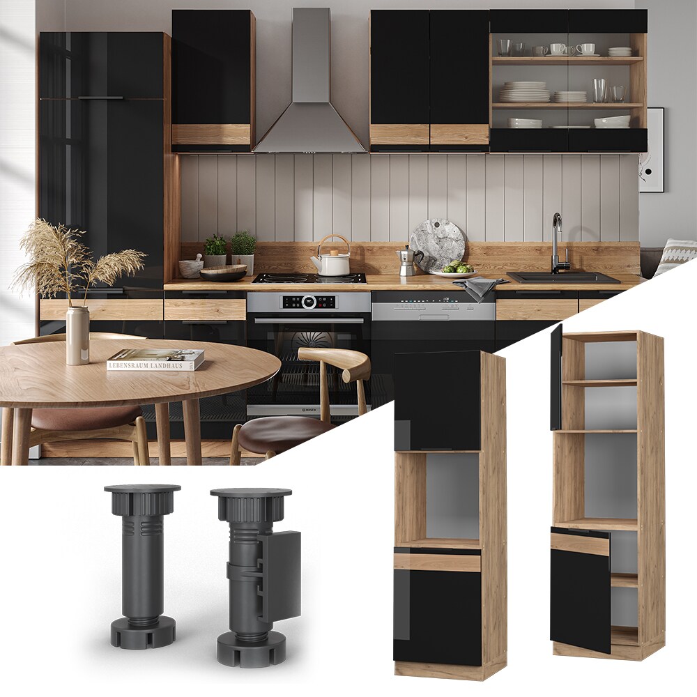 Vicco Herdhochschrank K&uuml;chenschrank K&uuml;chenm&ouml;bel Fame-Line Eiche Schwarz 60 cm modern Hochglanz - Bild 1