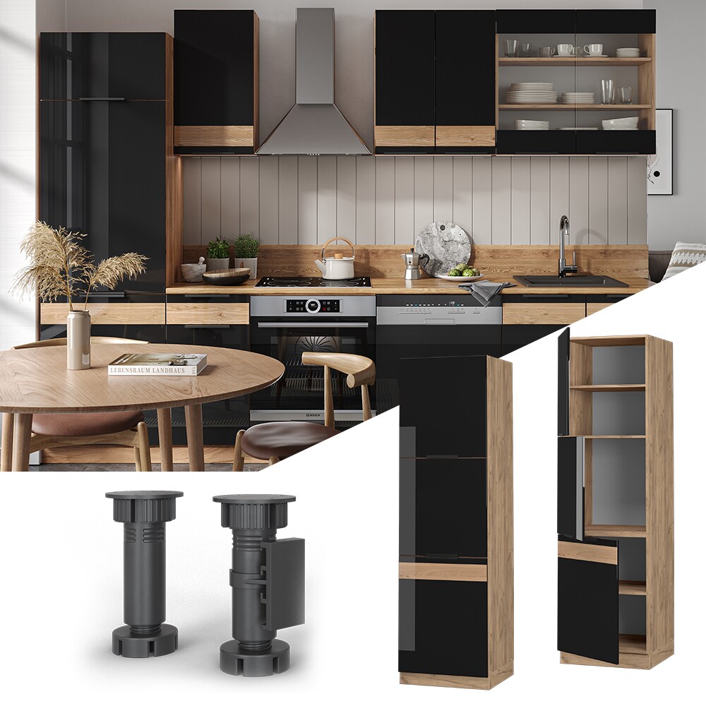 Vicco Herdhochschrank K&uuml;chenschrank K&uuml;chenm&ouml;bel Fame-Line Eiche Schwarz 60 cm modern Hochglanz - Bild 1