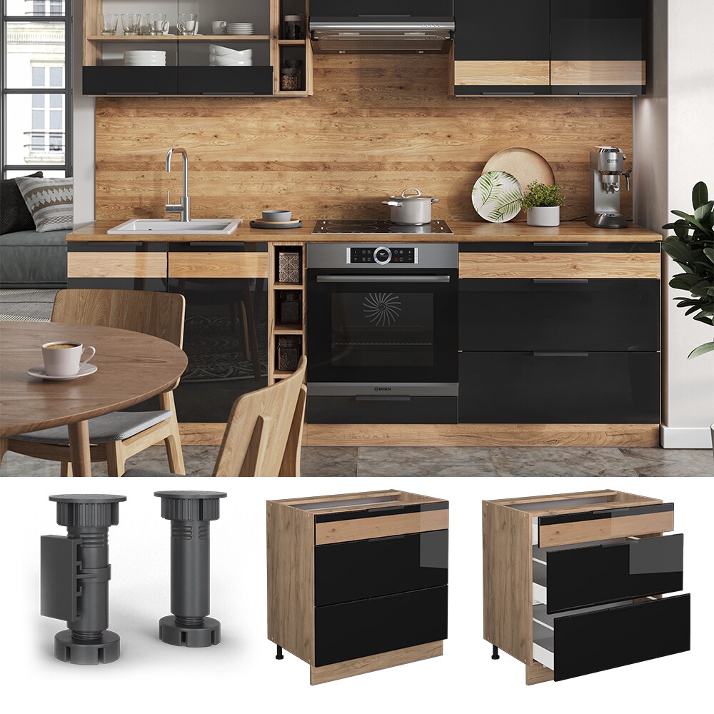 Vicco Schubladenunterschrank K&uuml;chenschrank K&uuml;chenm&ouml;bel Fame-Line Eiche Schwarz 80 cm modern Hochglanz - Bild 1