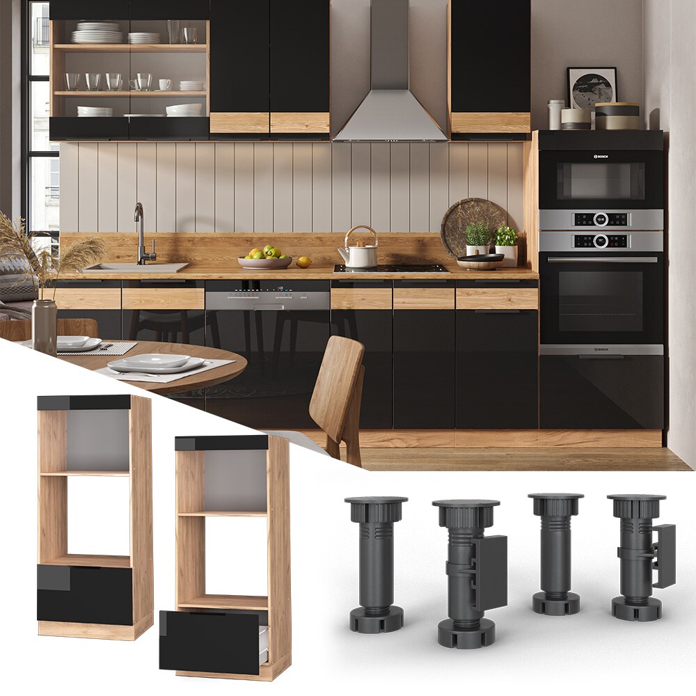 Vicco Mikrowellenschrank K&uuml;chenschrank K&uuml;chenm&ouml;bel Fame-Line Eiche Schwarz 60 cm modern Hochglanz - Bild 1