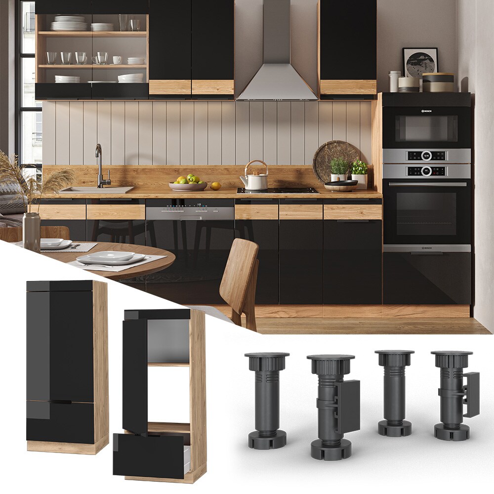 Vicco Mikrowellenschrank K&uuml;chenschrank K&uuml;chenm&ouml;bel Fame-Line Eiche Schwarz 60 cm modern Hochglanz - Bild 1