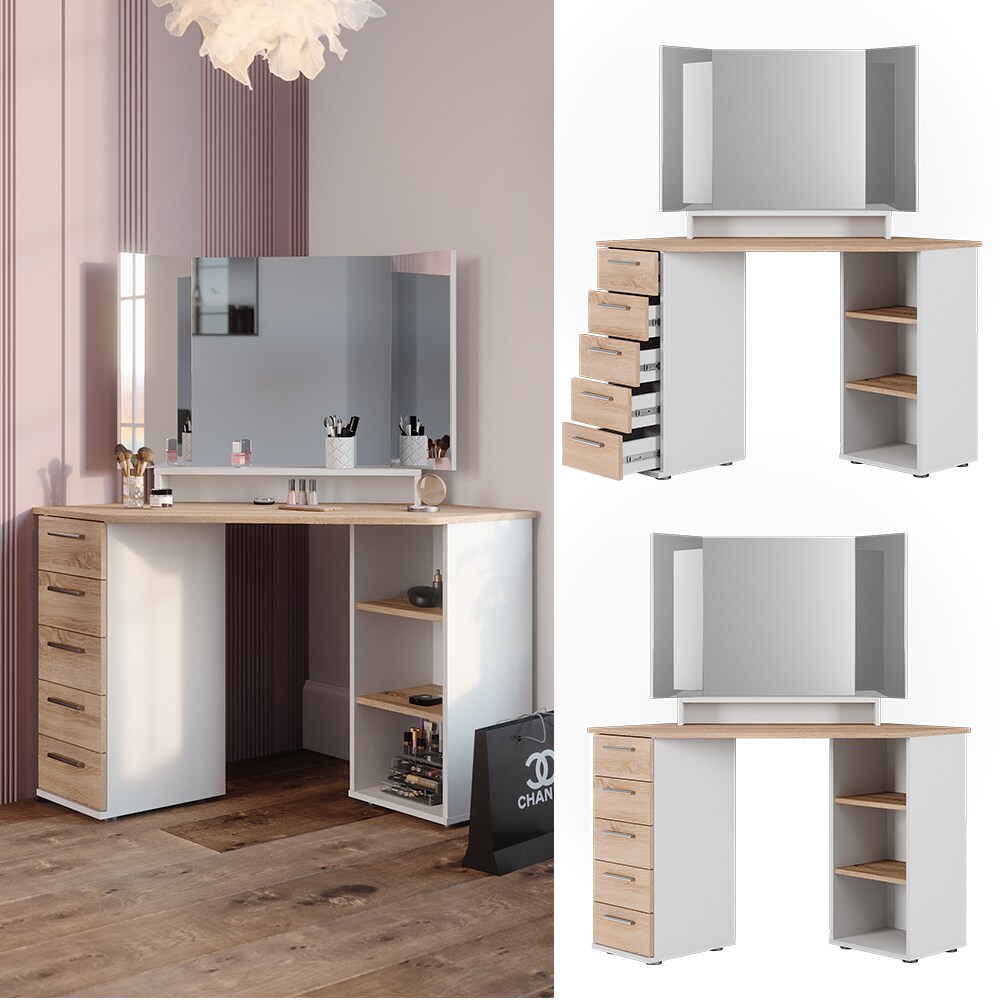 Vicco Eckschminktisch Frisiertisch Frisierkommode Sofia Wei&szlig; Sonoma Spiegel 128x142 cm modern Ablage - Bild 1