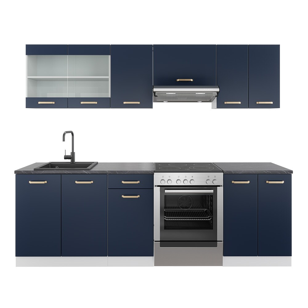 Vicco K&uuml;chenzeile K&uuml;chenblock Einbauk&uuml;che Raul Wei&szlig; Marine Blau 240 cm modern K&uuml;chen Schr&auml;nke Sp&uuml;lenunterschrank Unterschrank H&auml;ngeschrank K&uuml;chenm&ouml;bel h&ouml;henverstellbar - Bild 1