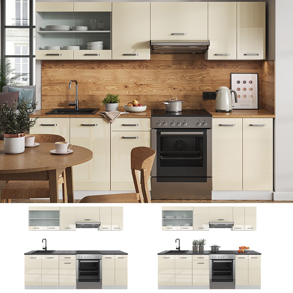 Vicco K&uuml;chenzeile K&uuml;chenblock Einbauk&uuml;che Raul Wei&szlig; Beige Hochglanz 240 cm modern K&uuml;chen Schr&auml;nke Sp&uuml;lenunterschrank Unterschrank H&auml;ngeschrank K&uuml;chenm&ouml;bel h&ouml;henverstellbar - Bild 1