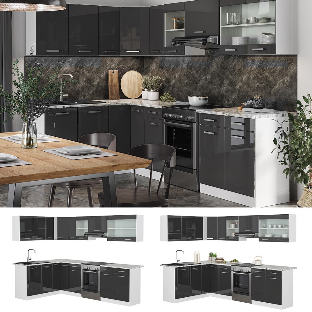 Vicco Eckk&uuml;che K&uuml;chenblock Einbauk&uuml;che Rick Wei&szlig; Anthrazit Hochglanz 270 cm modern K&uuml;chen Schr&auml;nke Sp&uuml;lenunterschrank Eck-Unterschrank Eck-H&auml;ngeschrank Arbeitsplatte K&uuml;chenm&ouml;bel K&uuml;chenzeile L-K&uuml;che - Bild 1