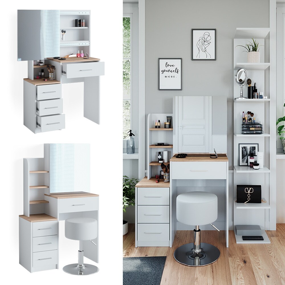 Vicco Schminktisch Frisiertisch Kosmetiktisch Conrada Weiß Sonoma Schminkspiegel 80x132 modern Hocker Schlafzimmerkommode Schminkkommode Schublade Spiegelschrank Frisierkommode Make-Up-Tisch