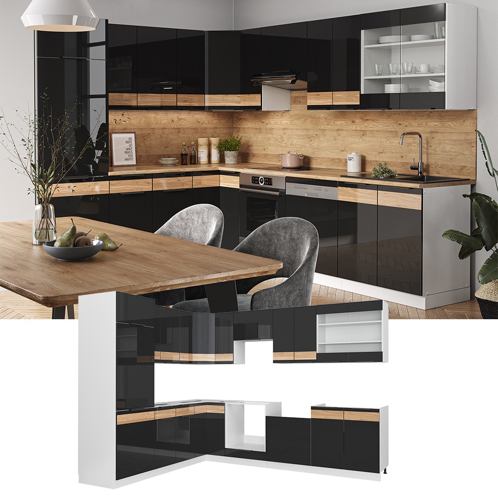 Vicco Eckk&uuml;che K&uuml;chenblock Einbauk&uuml;che Fame-Line Wei&szlig; Schwarz Eiche 287x227 cm modern Hochglanz K&uuml;chenschr&auml;nke K&uuml;chenm&ouml;bel - Bild 1