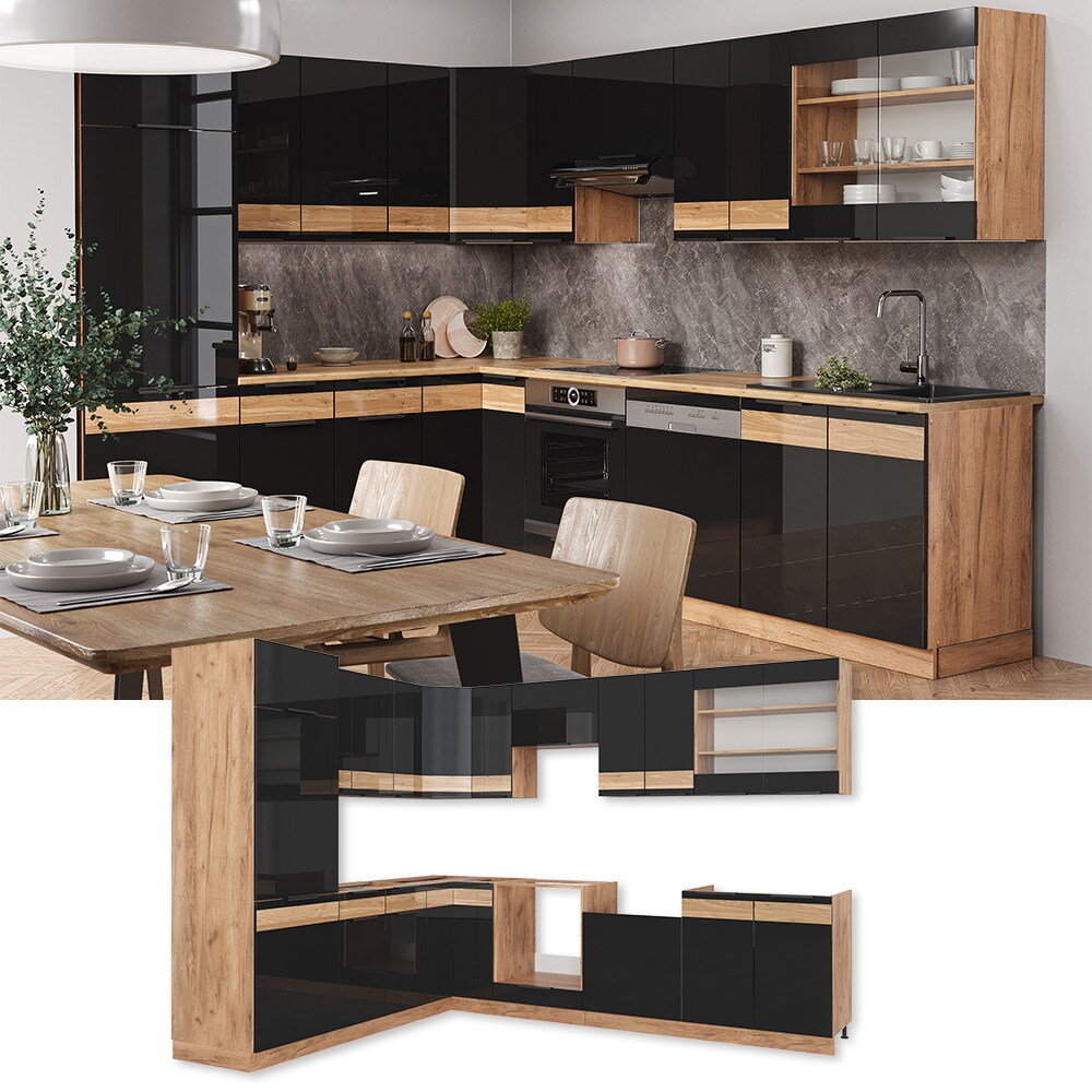 Vicco Eckk&uuml;che K&uuml;chenblock Einbauk&uuml;che Fame-Line Eiche Schwarz 287x227 cm modern Hochglanz K&uuml;chenschr&auml;nke K&uuml;chenm&ouml;bel - Bild 1