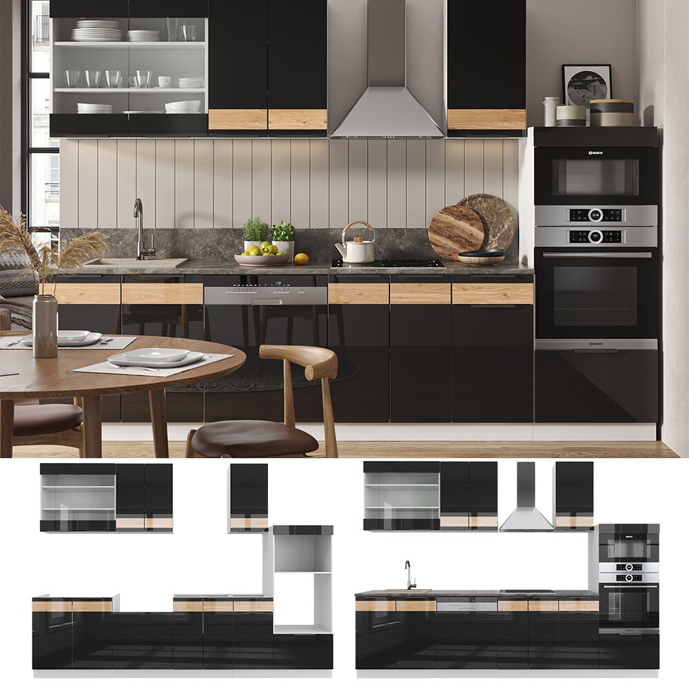 Vicco K&uuml;chenzeile K&uuml;chenblock Einbauk&uuml;che Fame-Line Wei&szlig; Schwarz Eiche 300 cm modern Hochglanz K&uuml;chenschr&auml;nke K&uuml;chenm&ouml;bel - Bild 1