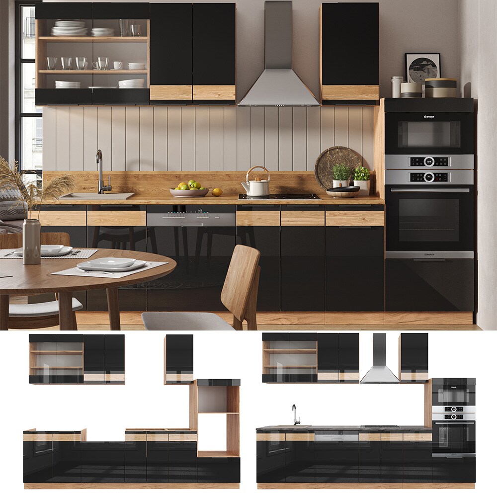 Vicco K&uuml;chenzeile K&uuml;chenblock Einbauk&uuml;che Fame-Line Eiche Schwarz 300 cm modern Hochglanz K&uuml;chenschr&auml;nke K&uuml;chenm&ouml;bel - Bild 1