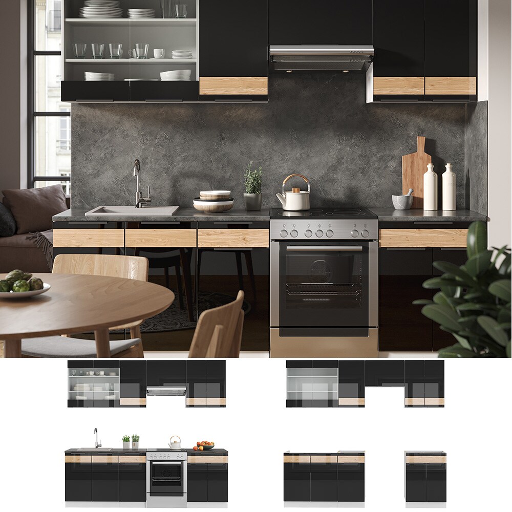 Vicco K&uuml;chenzeile K&uuml;chenblock Einbauk&uuml;che Fame-Line Wei&szlig; Schwarz Eiche 240 cm modern Hochglanz K&uuml;chenschr&auml;nke K&uuml;chenm&ouml;bel - Bild 1
