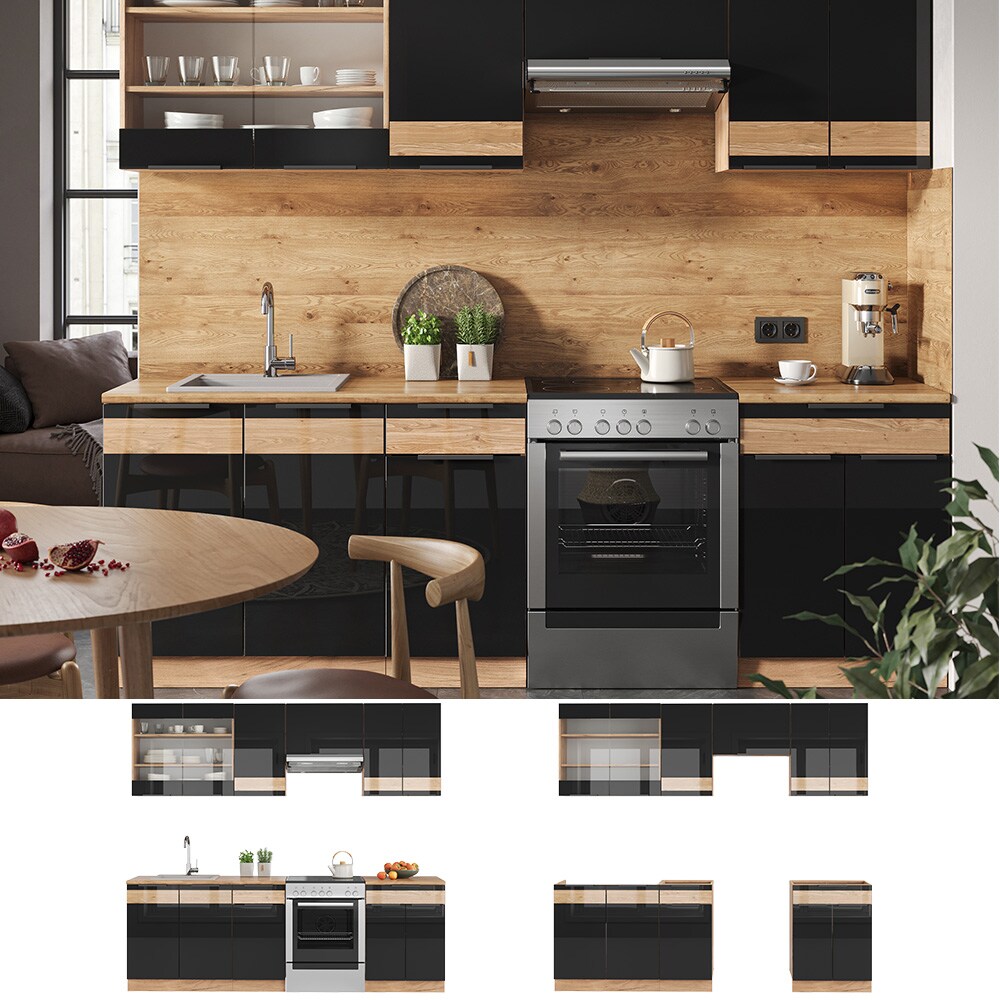 Vicco K&uuml;chenzeile K&uuml;chenblock Einbauk&uuml;che Fame-Line Eiche Schwarz 240 cm modern Hochglanz K&uuml;chenschr&auml;nke K&uuml;chenm&ouml;bel - Bild 1