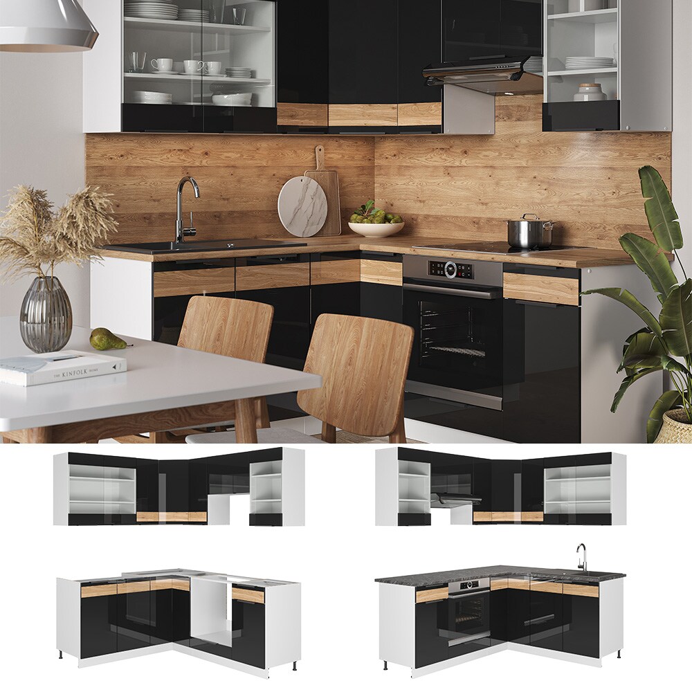 Vicco Eckk&uuml;che K&uuml;chenblock Einbauk&uuml;che Fame-Line Wei&szlig; Schwarz Eiche 190x160 cm modern Hochglanz K&uuml;chenschr&auml;nke K&uuml;chenm&ouml;bel - Bild 1