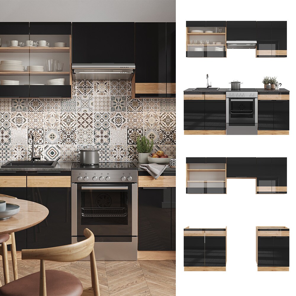 Vicco K&uuml;chenzeile K&uuml;chenblock Einbauk&uuml;che Fame-Line Eiche Schwarz 200 cm modern Hochglanz K&uuml;chenschr&auml;nke K&uuml;chenm&ouml;bel - Bild 1