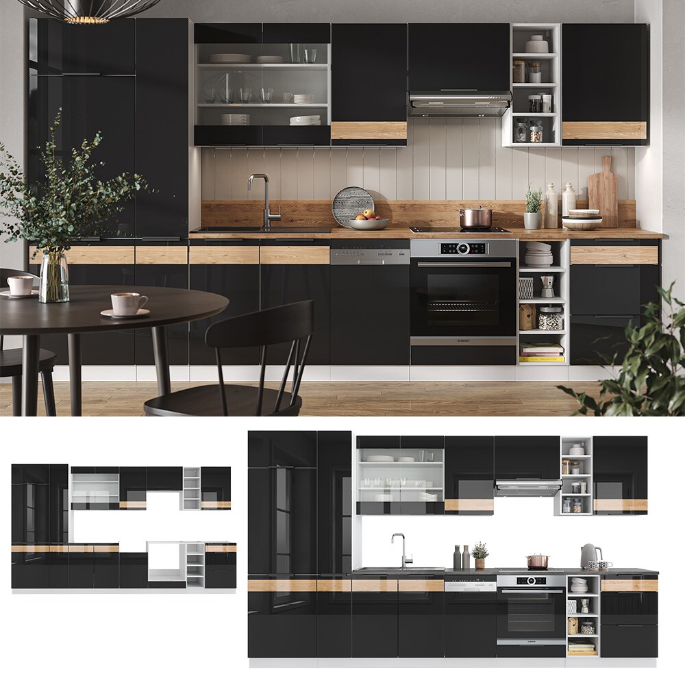 Vicco K&uuml;chenzeile K&uuml;chenblock Einbauk&uuml;che Fame-Line Wei&szlig; Schwarz Eiche 355 cm modern Hochglanz K&uuml;chenschr&auml;nke K&uuml;chenm&ouml;bel - Bild 1