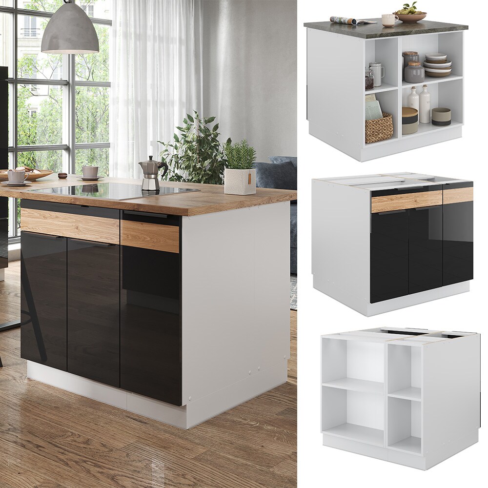 Vicco K&uuml;cheninsel K&uuml;chenblock Einbauk&uuml;che Fame-Line Wei&szlig; Schwarz Eiche 90 cm modern Hochglanz K&uuml;chenschr&auml;nke K&uuml;chenm&ouml;bel - Bild 1