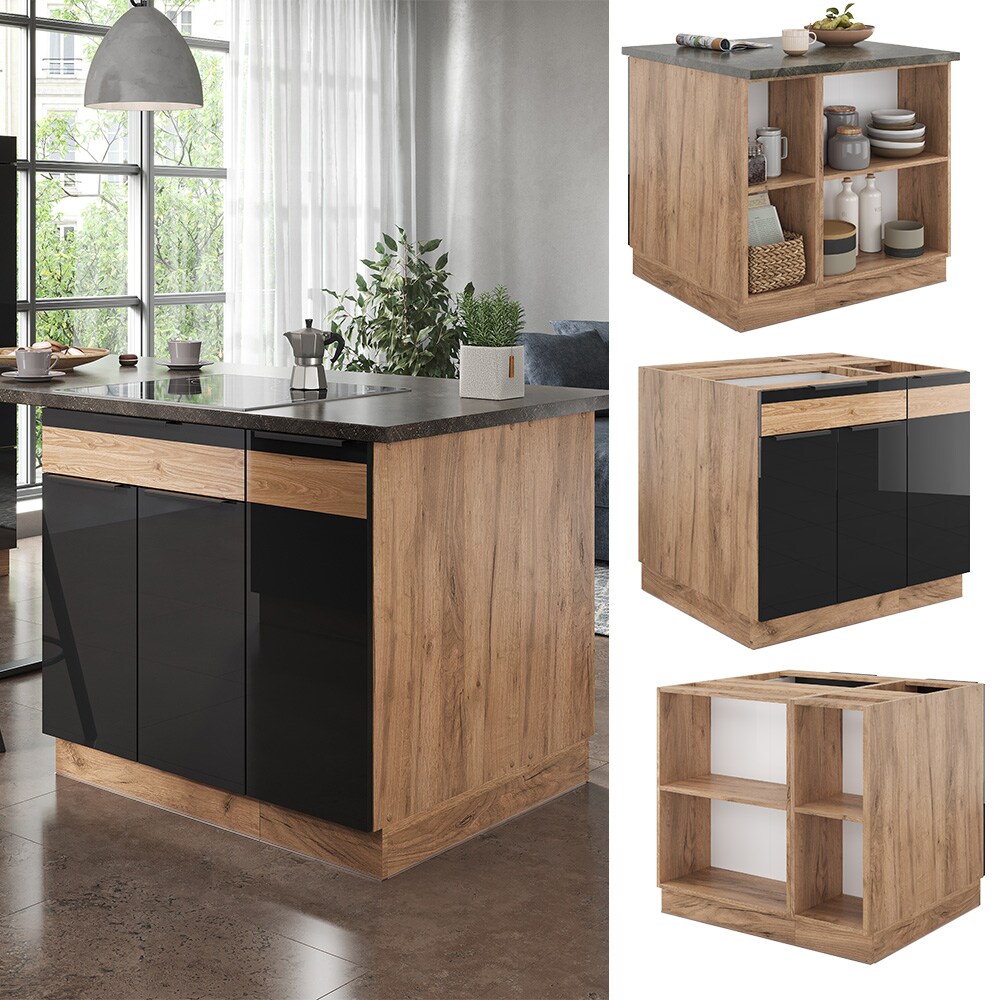 Vicco K&uuml;cheninsel K&uuml;chenblock Einbauk&uuml;che Fame-Line Eiche Schwarz 90 cm modern Hochglanz K&uuml;chenschr&auml;nke K&uuml;chenm&ouml;bel - Bild 1