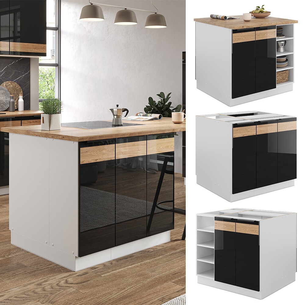 Vicco K&uuml;cheninsel K&uuml;chenblock Einbauk&uuml;che Fame-Line Wei&szlig; Schwarz Eiche 90 cm modern Hochglanz K&uuml;chenschr&auml;nke K&uuml;chenm&ouml;bel - Bild 1