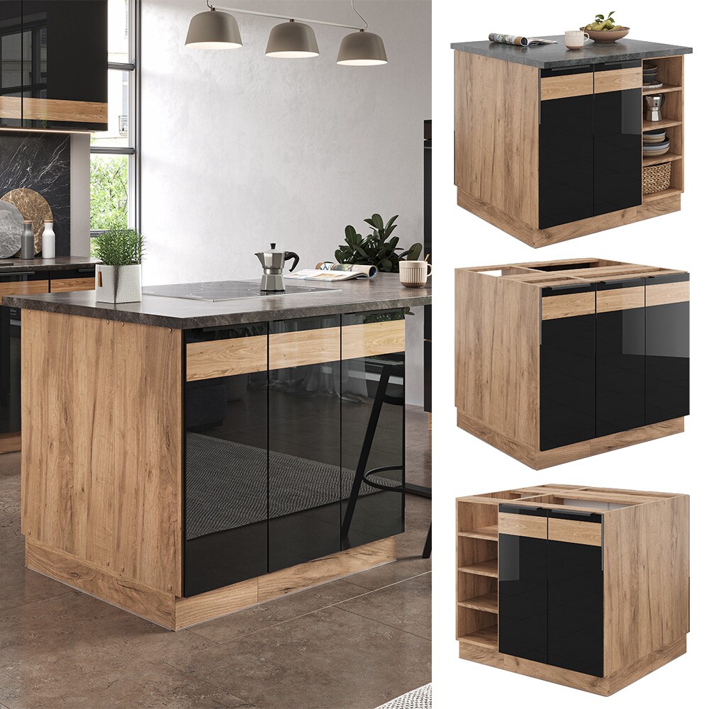 Vicco K&uuml;cheninsel K&uuml;chenblock Einbauk&uuml;che Fame-Line Eiche Schwarz 90 cm modern Hochglanz K&uuml;chenschr&auml;nke K&uuml;chenm&ouml;bel - Bild 1