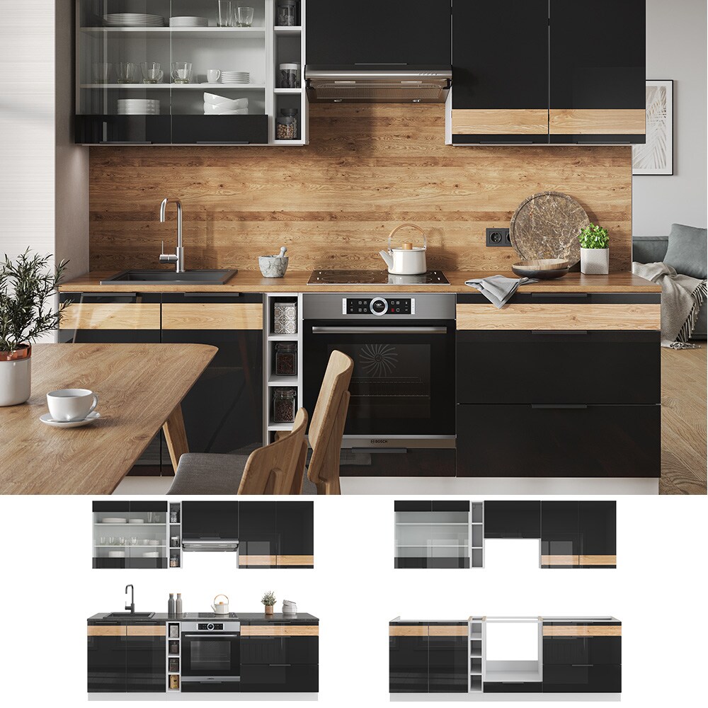 Vicco K&uuml;chenzeile K&uuml;chenblock Einbauk&uuml;che Fame-Line Wei&szlig; Schwarz Eiche 235 cm modern Hochglanz K&uuml;chenschr&auml;nke K&uuml;chenm&ouml;bel - Bild 1