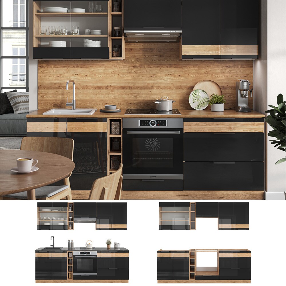 Vicco K&uuml;chenzeile K&uuml;chenblock Einbauk&uuml;che Fame-Line Eiche Schwarz 235 cm modern Hochglanz K&uuml;chenschr&auml;nke K&uuml;chenm&ouml;bel - Bild 1