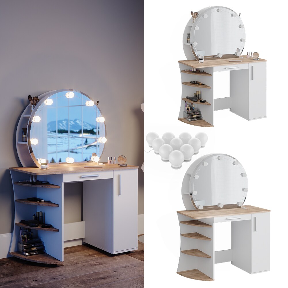 Vicco Schminktisch Frisiertisch Kosmetiktisch Almina Wei&szlig; Sonoma Schminkspiegel 100x143 modern LED Beleuchtung Schlafzimmerkommode Schminkkommode Schublade Frisierkommode Make-Up-Tisch - Bild 1