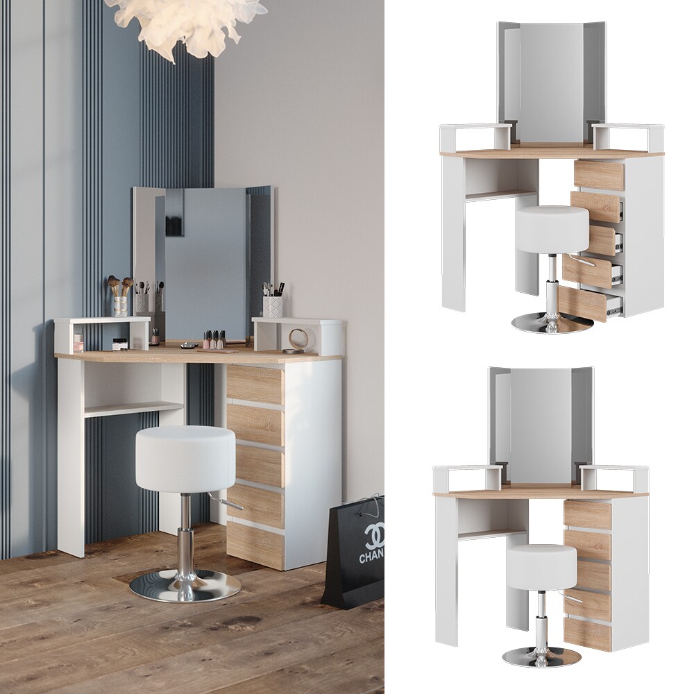Vicco Eckschminktisch Frisiertisch Frisierkommode Tilda Wei&szlig; Sonoma Spiegel Hocker 110x140 cm modern Ablage - Bild 1