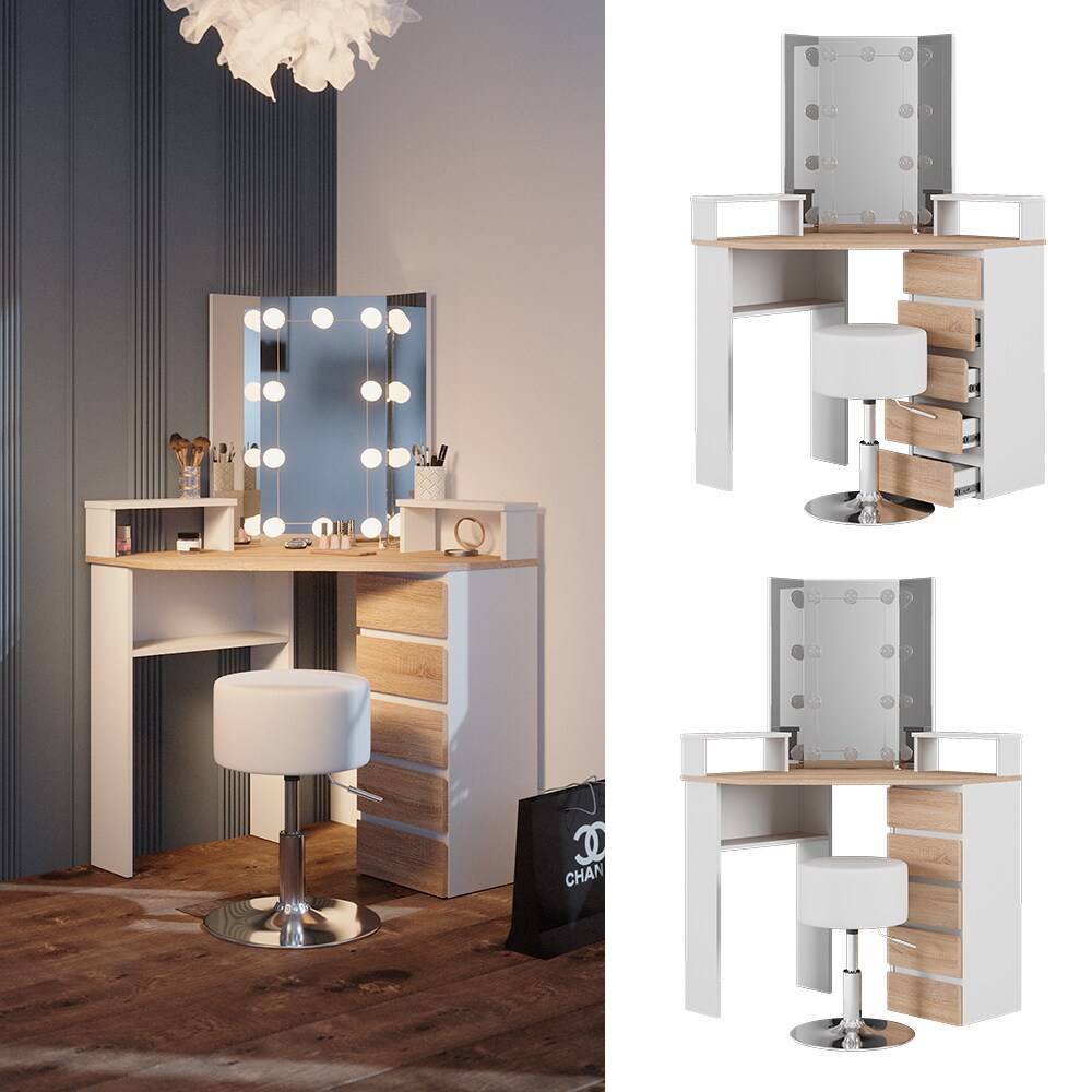 Vicco Eckschminktisch Frisiertisch Frisierkommode Tilda Wei&szlig; Sonoma Spiegel LED Hocker 110x140 cm modern Ablage - Bild 1