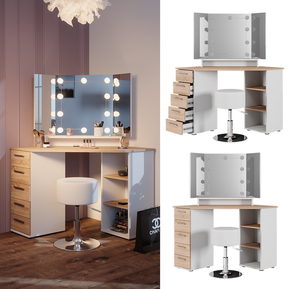 Vicco Eckschminktisch Frisiertisch Frisierkommode Sofia Wei&szlig; Sonoma Spiegel LED Hocker 128x142 cm modern Ablage - Bild 1
