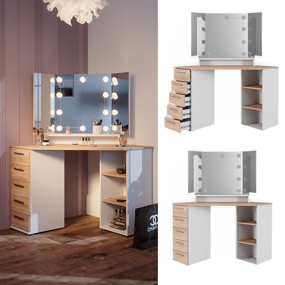 Vicco Eckschminktisch Frisiertisch Frisierkommode Sofia Wei&szlig; Sonoma Spiegel LED 128x142 cm modern Ablage - Bild 1