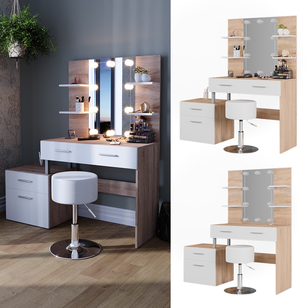 Vicco Schminktisch Frisiertisch Frisierkommode Maria Wei&szlig; Sonoma Spiegel LED Hocker 132x145 cm modern Ablage - Bild 1