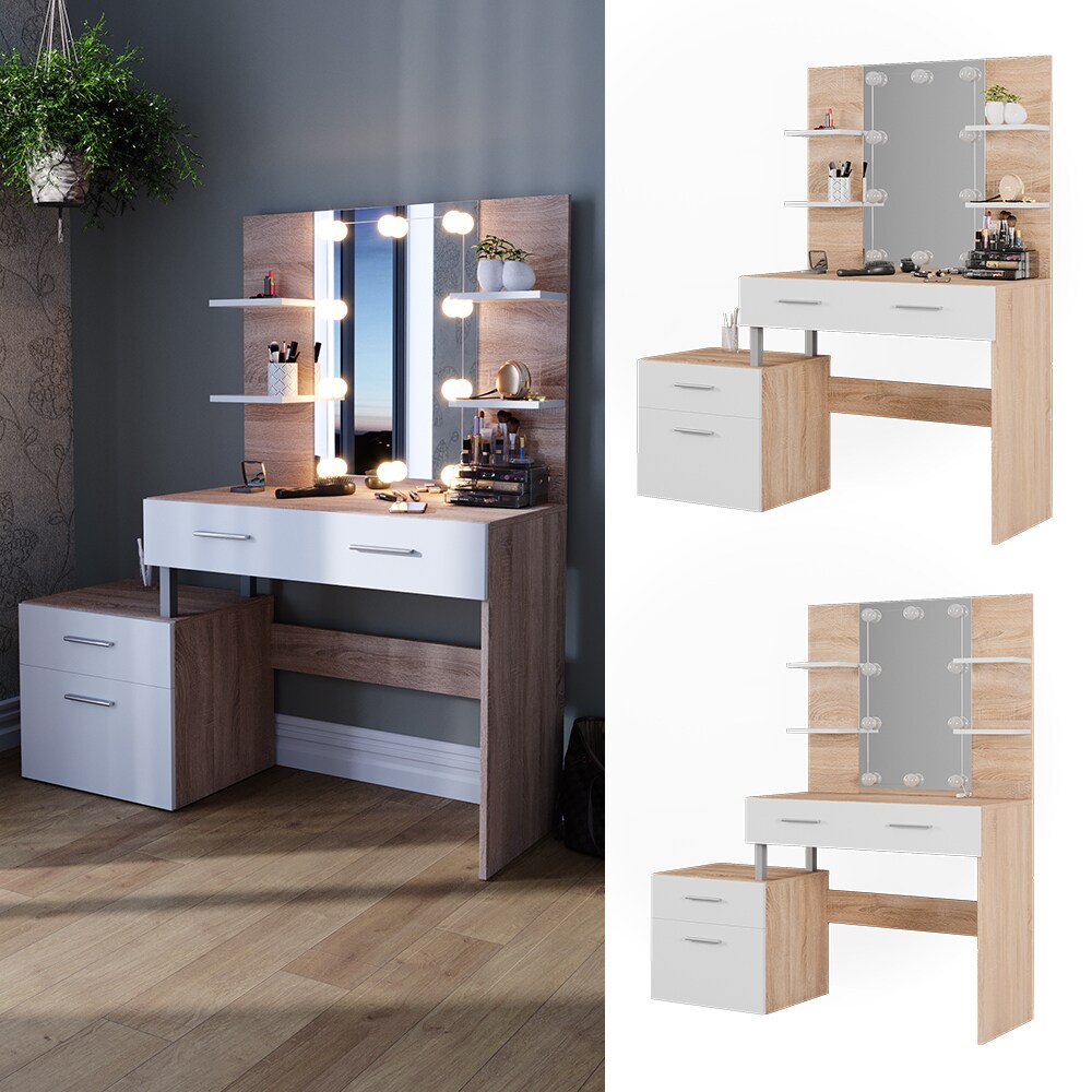Vicco Schminktisch Frisiertisch Frisierkommode Maria Wei&szlig; Sonoma Spiegel LED 132x145 cm modern Ablage - Bild 1