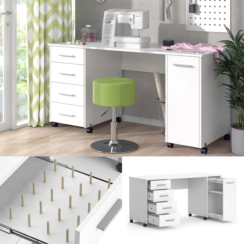 Vicco N&auml;htisch Verona auf Rollen 148x75x60cm wei&szlig;, Basteltisch mit 4 Schubladen - Bild 1