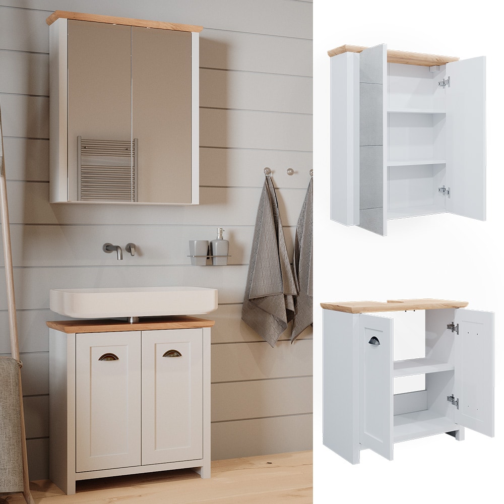 Vicco Badm&ouml;belset Nino Wei&szlig; Eiche modern Badezimmerschrank Badschrank Badezimmerm&ouml;bel Waschtischunterschrank Badspiegel Schrankt&uuml;r Schrankfach - Bild 1