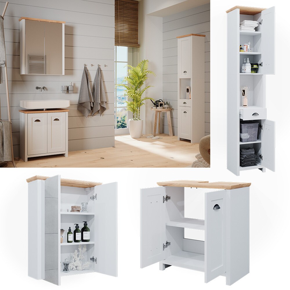 Vicco Badm&ouml;belset Nino Wei&szlig; Eiche modern Badezimmerschrank Badschrank Badezimmerm&ouml;bel Waschtischunterschrank Hochschrank Badspiegel Schrankt&uuml;r Schrankfach - Bild 1