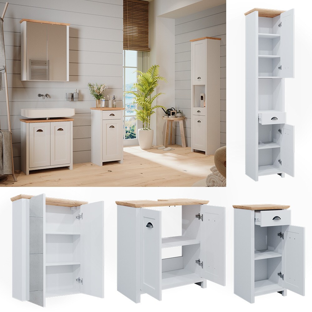 Vicco Badm&ouml;belset Nino Wei&szlig; Eiche modern Badezimmerschrank Badschrank Badezimmerm&ouml;bel Waschtischunterschrank Midischrank Hochschrank Schrankt&uuml;r Schrankfach - Bild 1