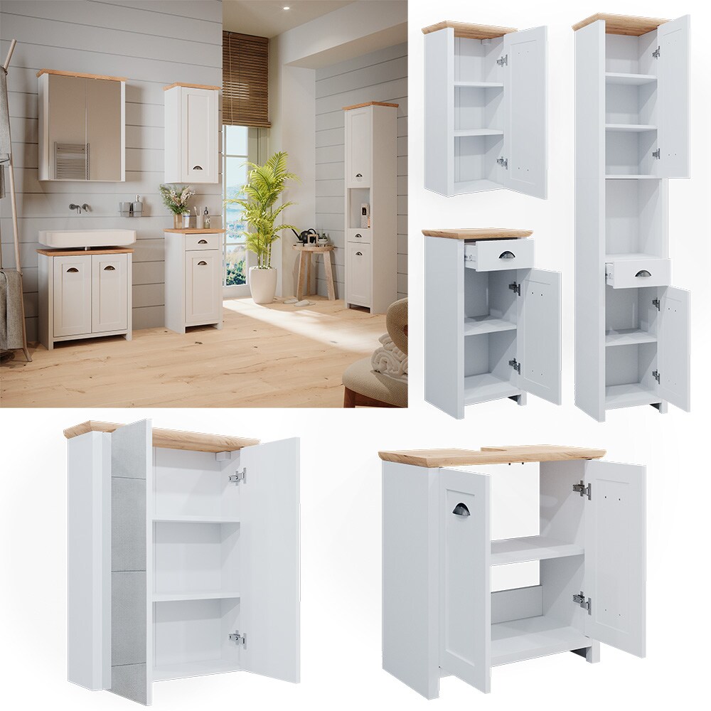 Vicco Badm&ouml;belset Nino Wei&szlig; Eiche modern Badezimmerschrank Badschrank Badezimmerm&ouml;bel Waschtischunterschrank Midischrank Hochschrank H&auml;ngeschrank Schrankt&uuml;r Schrankfach - Bild 1
