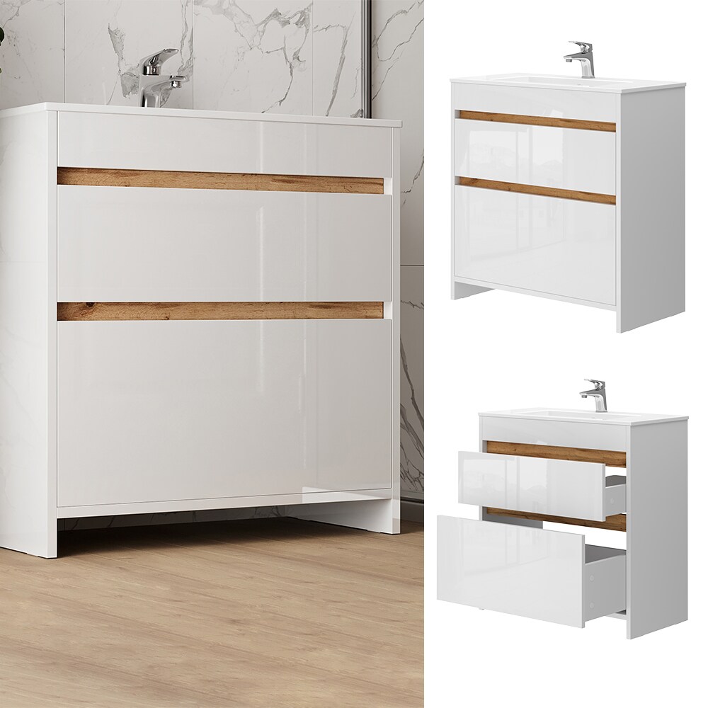 Vicco Waschbecken mit Unterschrank Detmold 80 cm breit, Waschtisch stehend Wei&szlig; - Bild 1