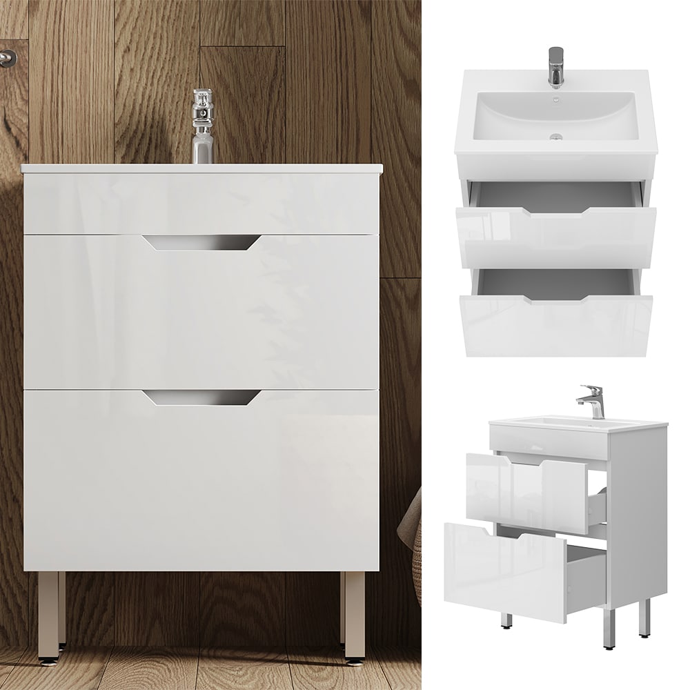 Vicco Waschbecken mit Unterschrank Clayton 60 cm breit, Waschtisch Hochglanz Wei&szlig; - Bild 1