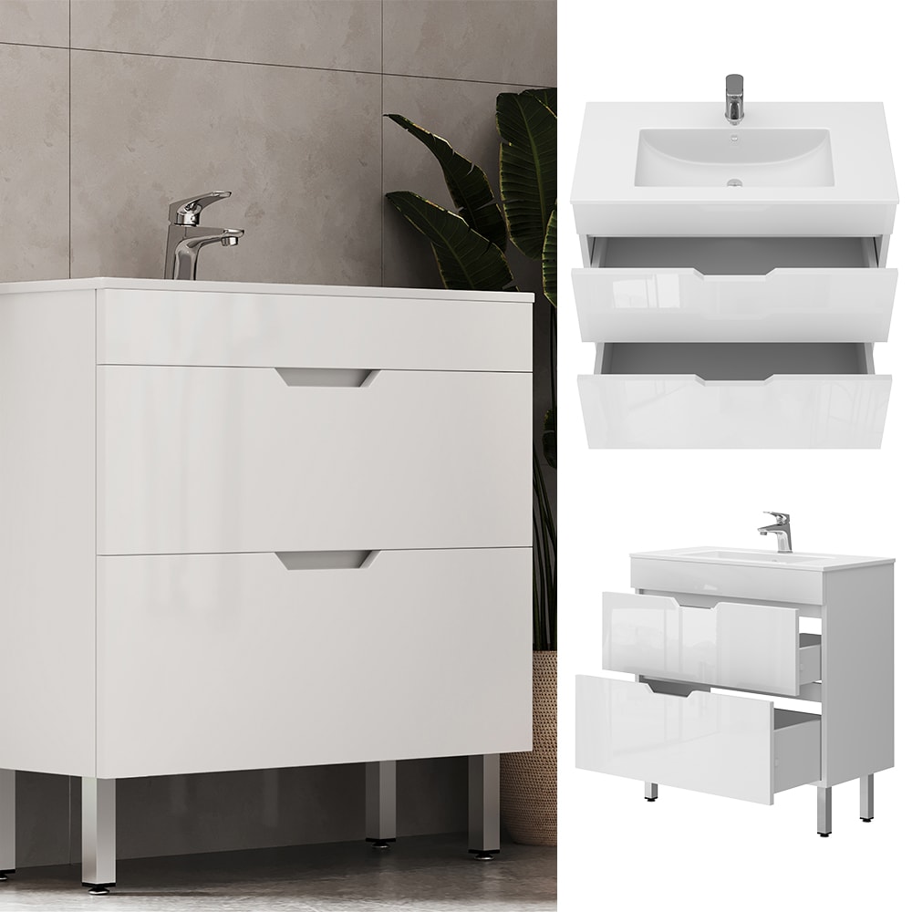 Vicco Waschbecken mit Unterschrank Clayton 80 cm breit, Waschtisch Hochglanz Wei&szlig; - Bild 1