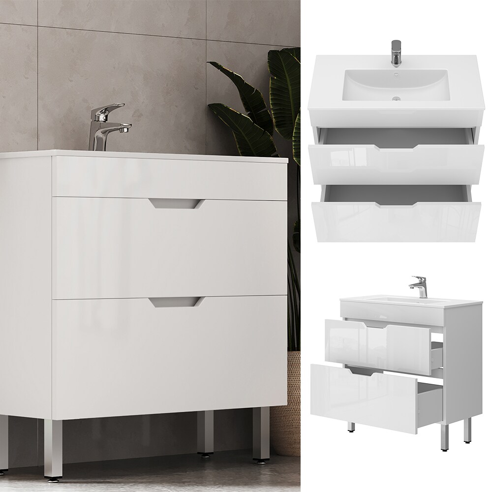 Vicco Waschbecken mit Unterschrank Clayton 80 cm breit, Waschtisch Hochglanz Weiß | 04066731232598