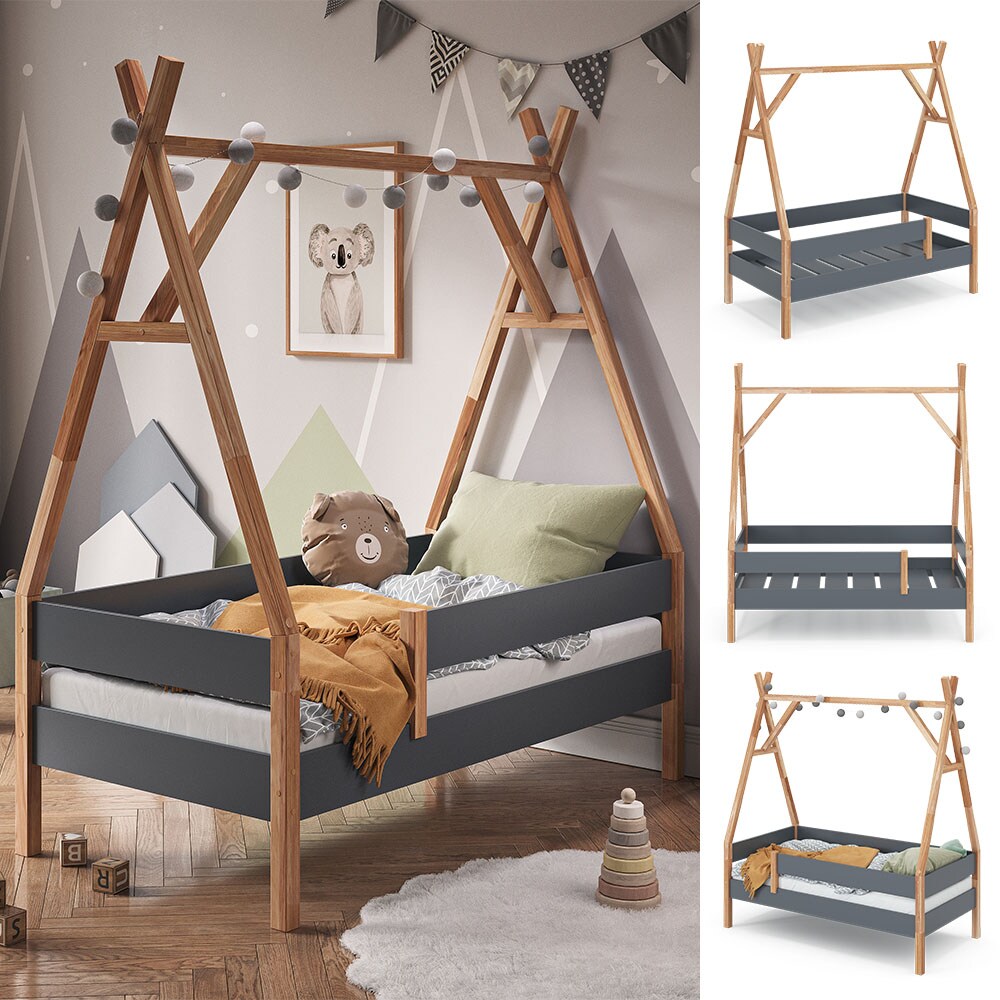 VitaliSpa Kinderbett Hausbett Indianerbett Madita Anthrazit Naturholz 166x60 cm modern Kinderzimmer Bett Einzelbett Juniorbett Tipibett Lamellenrost Rausfallschutz - Bild 1