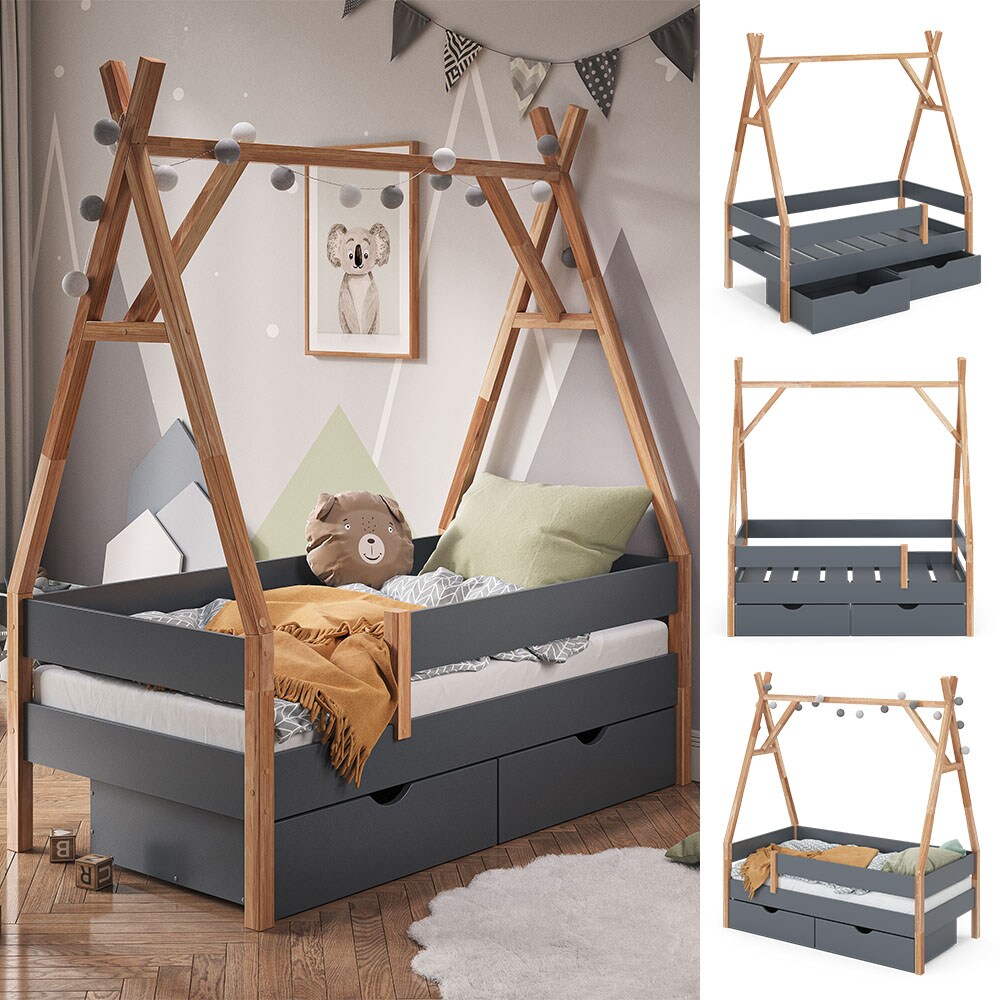 VitaliSpa Kinderbett Hausbett Indianerbett Madita Anthrazit Naturholz Schublade 166x60 cm modern Kinderzimmer Bett Einzelbett Juniorbett Tipibett Lamellenrost Rausfallschutz - Bild 1