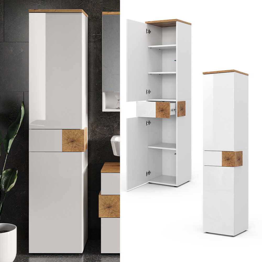 Vicco Hochschrank Badschrank Badezimmermöbel Eden Weiß Artisan modern 40x184 cm Badkommode Badezimmer Schrank Badmöbel 2 Türen Schublade 5 Fächer Hochglanz