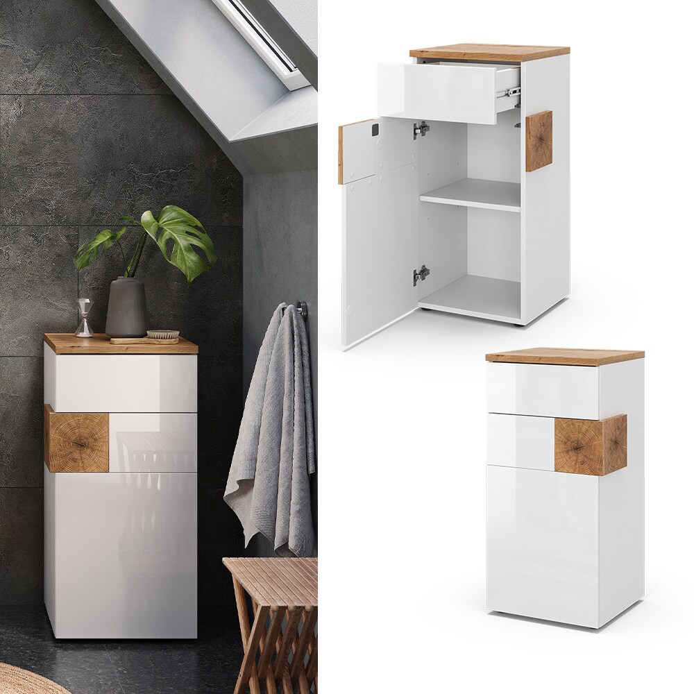 Vicco Midischrank Badschrank Badezimmermöbel Eden Weiß Artisan modern 40x84 cm Badezimmer Schrank Badkommode Badmöbel 2 Fächer Tür Schublade Hochglanz