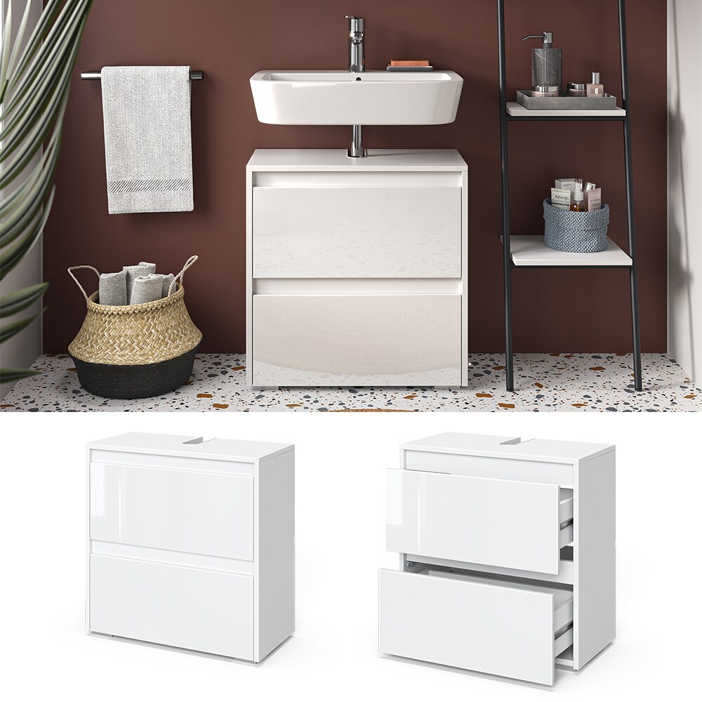 Vicco Waschtischunterschrank Waschbeckenunterschrank Majest Weiß Hochglanz modern 60x62 cm Badezimmer Schrank Badschrank Badkommode Badmöbel 2 Schubladen