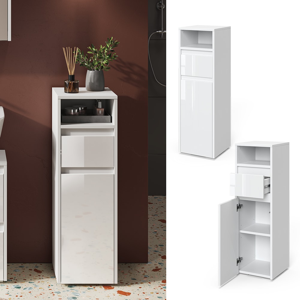 Vicco Midischrank Badschrank Badezimmerm&ouml;bel Majest Wei&szlig; Hochglanz modern 30x96 cm Badezimmer Schrank Badkommode Badm&ouml;bel Fach T&uuml;r Schublade - Bild 1