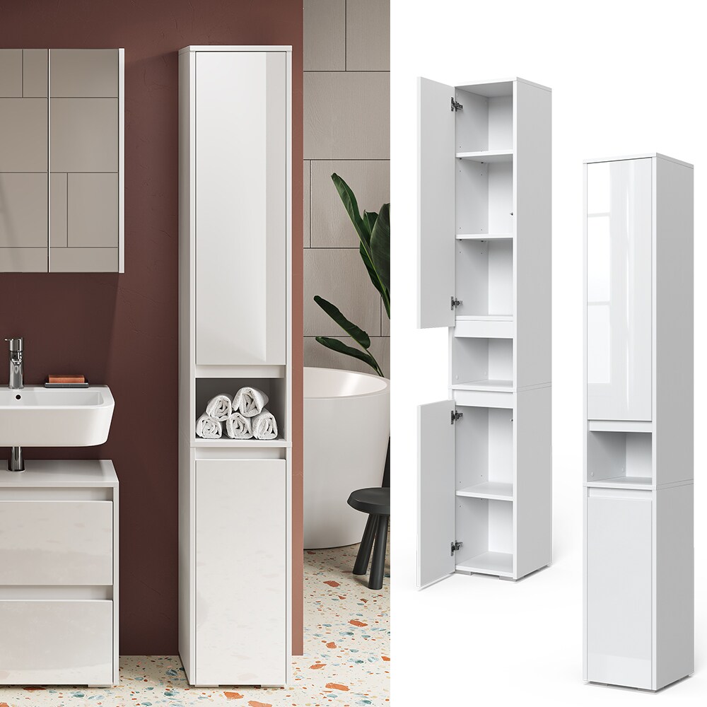 Vicco Hochschrank Badschrank Badezimmermöbel Majest Weiß Hochglanz modern 30x192 cm Badkommode Badezimmer Schrank Badmöbel 2 Türen Fach