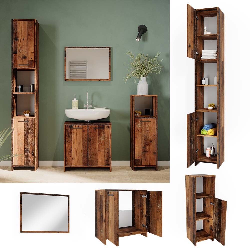 Vicco Badmöbelset Kiko Old Style modern Badezimmerschrank Badschrank Badezimmermöbel Waschtischunterschrank Badspiegel Hochschrank Midischrank Schranktür Schrankfach Schrankregal