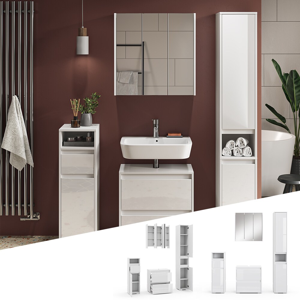 Vicco Badmöbel-Set Badezimmer-Möbel Bad-Schrank Majest Weiß Hochglanz modern Badezimmerschrank Waschbeckenunterschrank Spiegelschrank Hochschrank Midischrank Schranktür Schrankfach